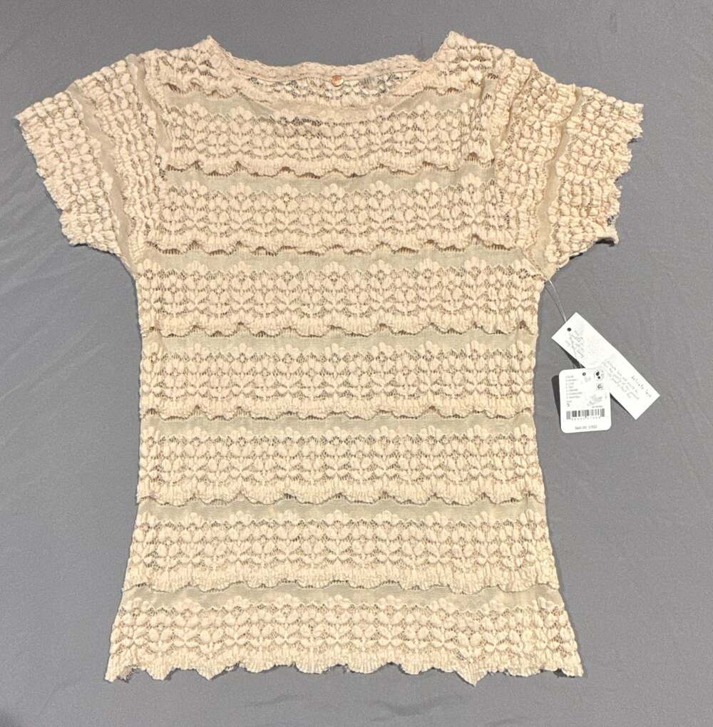 Free People FP One Angelina Lace Tee Tea Mesh Striped Short Sleeve Blouse